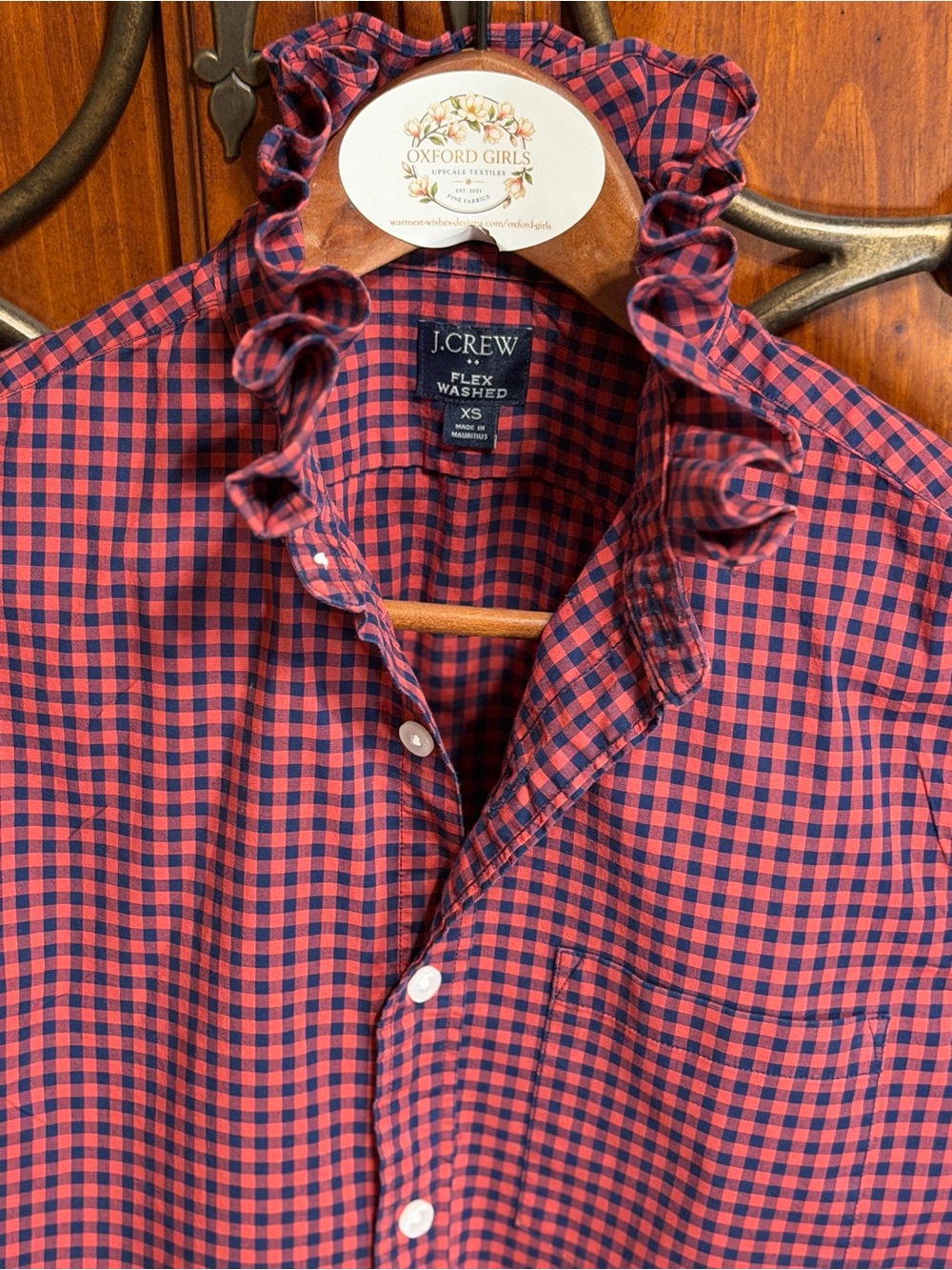 J. Crew upcycled Red and Navy Gingham Button-Up Shirt with ruffle collar S